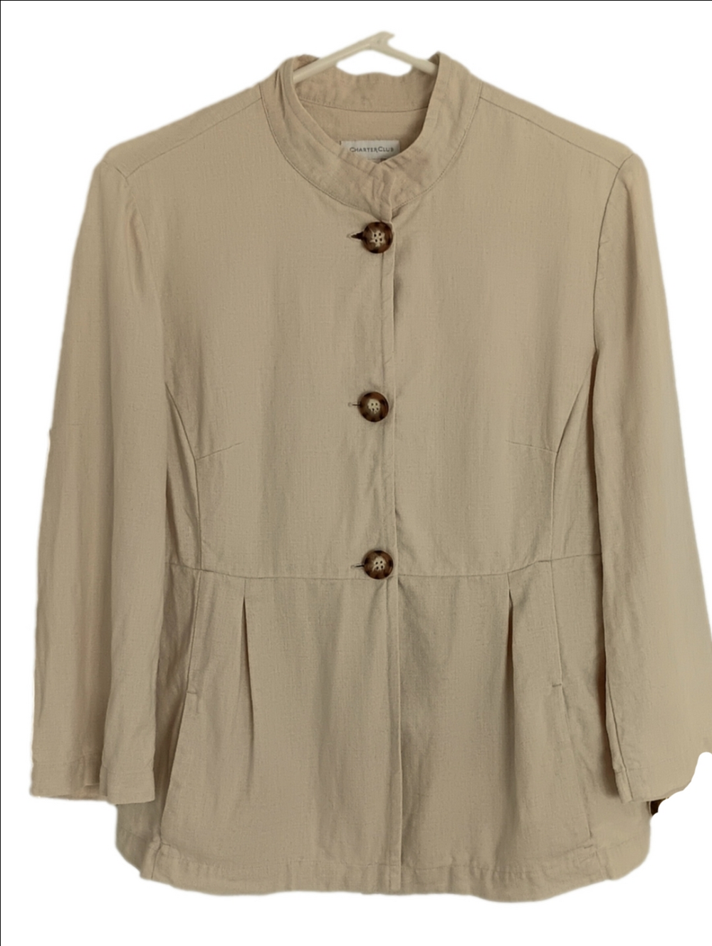 Linen Cream Button-Front Peplum Stand-up Collar Jacket Y2K